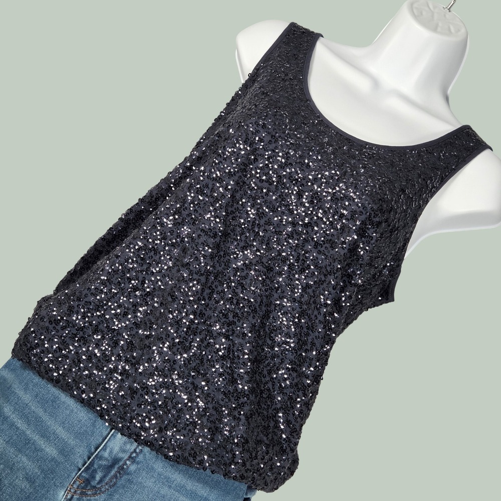 J.Crew Women Medium Fully Sequin‎ Tank Top Dark Navy Blue Sleeveless Sparkle